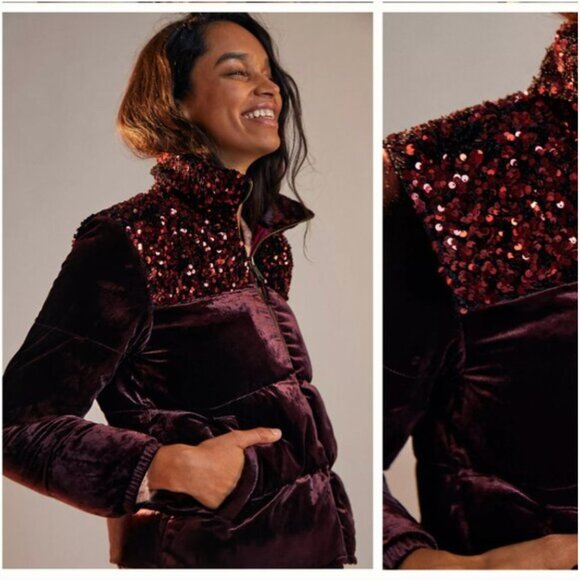 Anthropologie Maeve Sequined Burgundy Puffer Jacket with High Collar Size XS - Picture 1 of 8